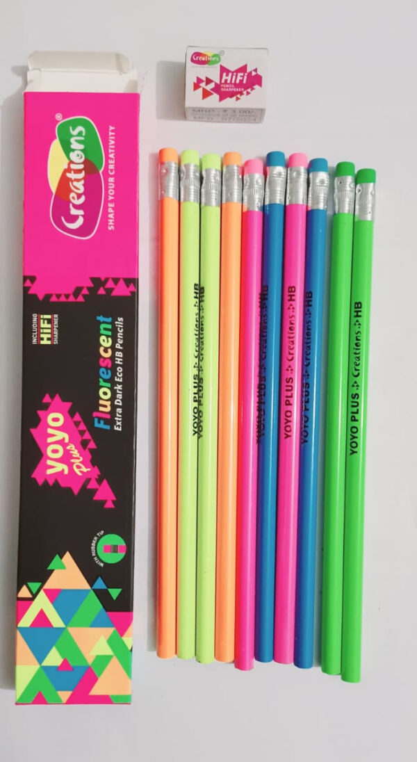 CREATIONS YOYO PLUS FLUORESCENT EXTRA DARK ECO HB PENCILS 10 PENCILS INCLUDES 01 SHARPENER